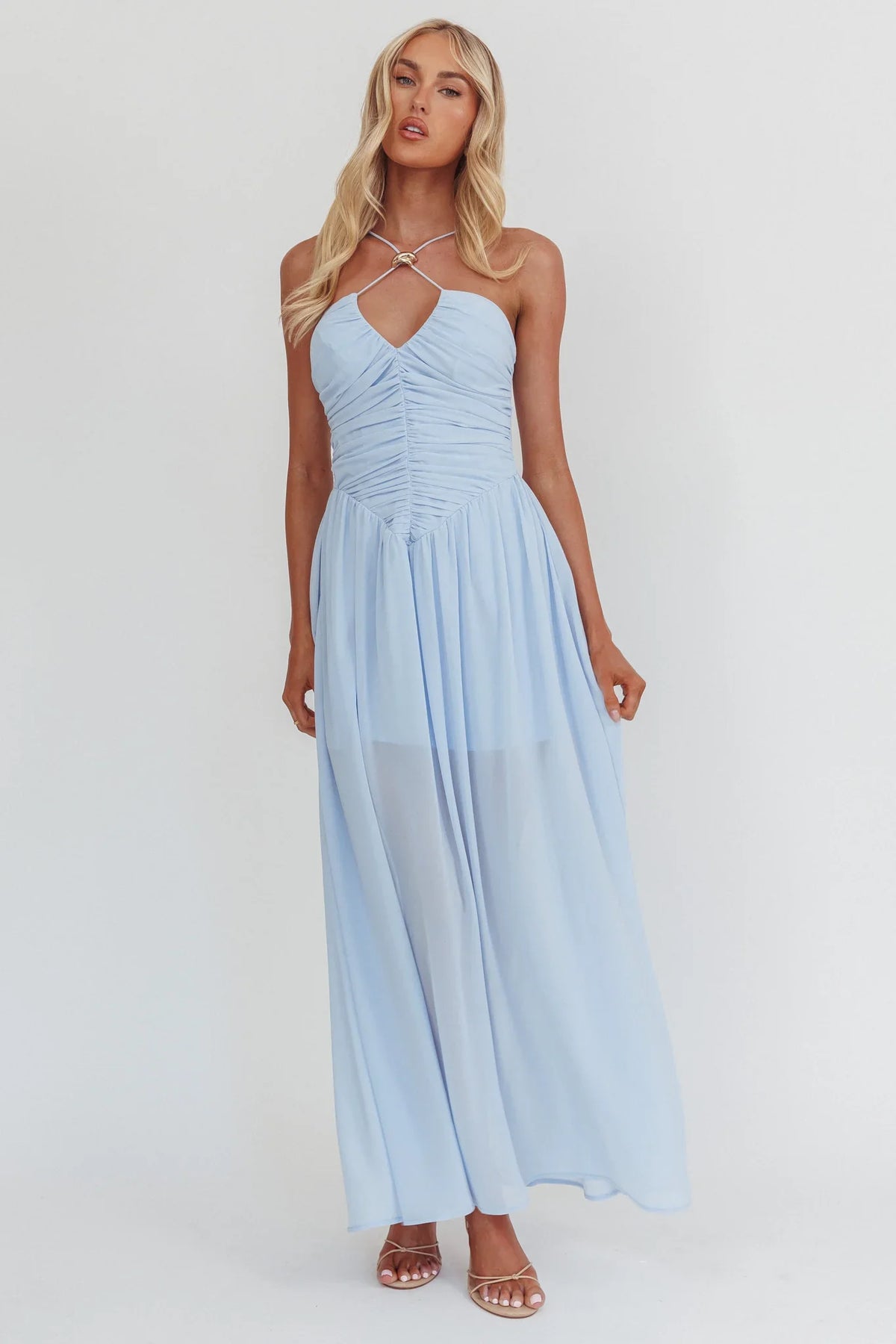 The Dreamers Ruched Basque Waist Maxi Dress Blue
