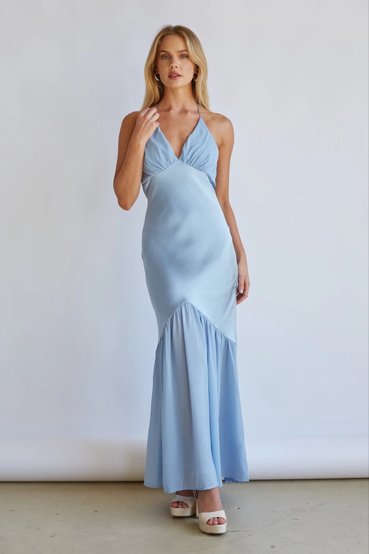 Lucinda Halter V-Neck Open Back Satin Midi Dress