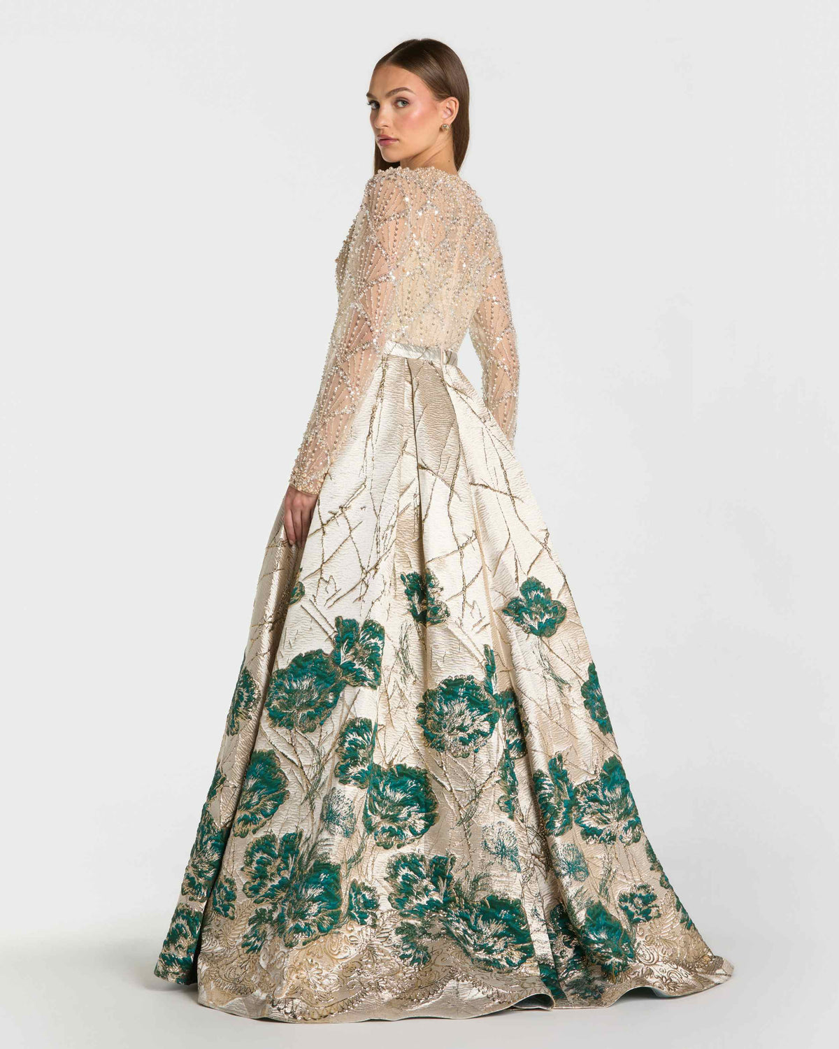 Gold Long Sleeve Embellished Floral Brocade Ball Gown