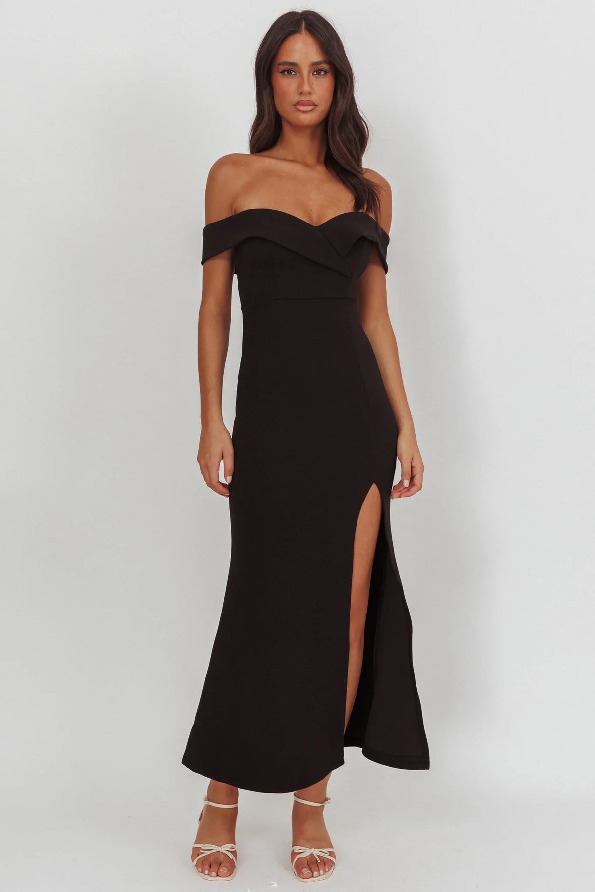 Rider Off-Shoulder Front Split Maxi Dress Black