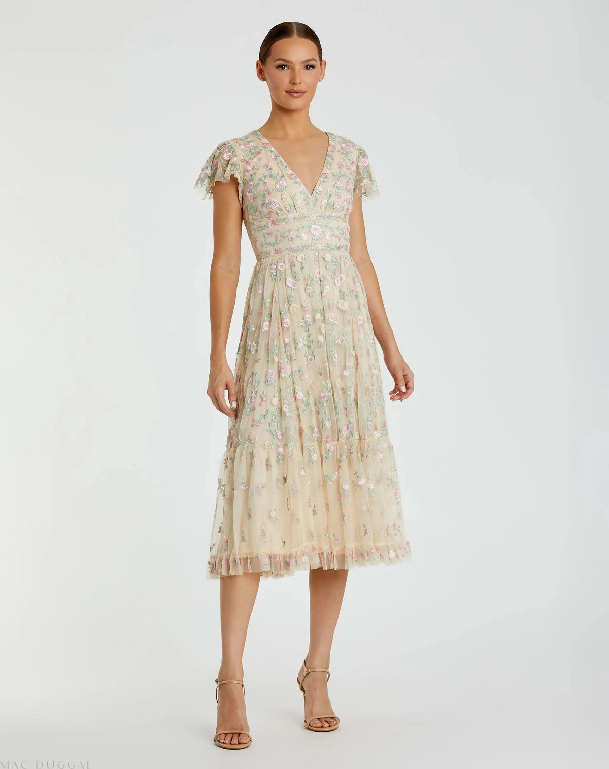 Embroidered V Neck Cap Sleeve Midi Dress
