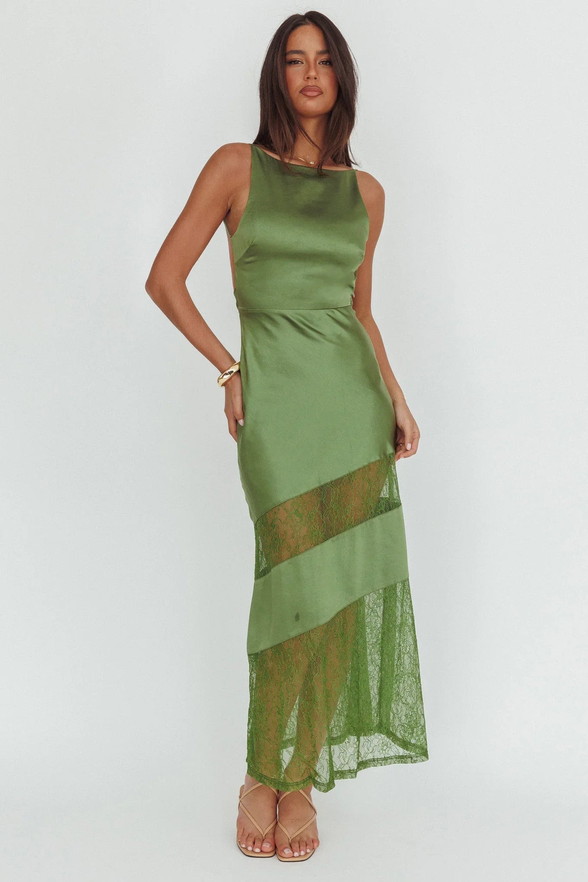 Helsi Low Back Lace Insert Maxi Dress Forest Green