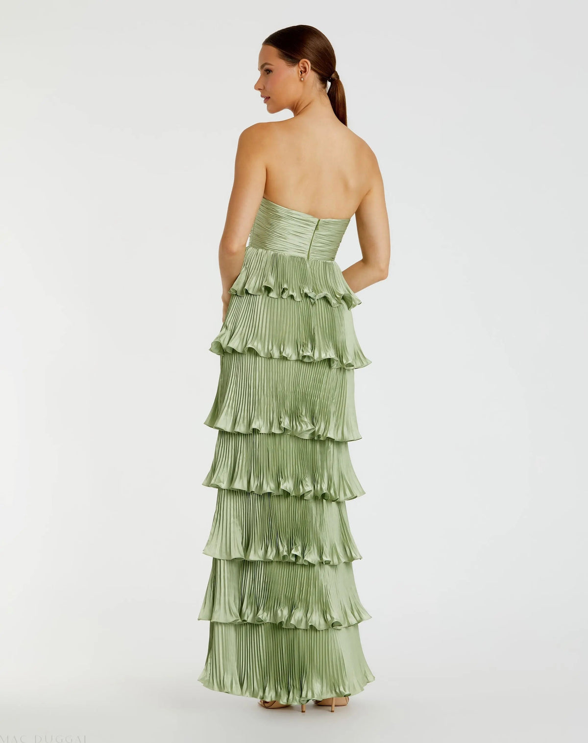 Green Pleated Charmeuse Strapless Tiered Ruffle Gown