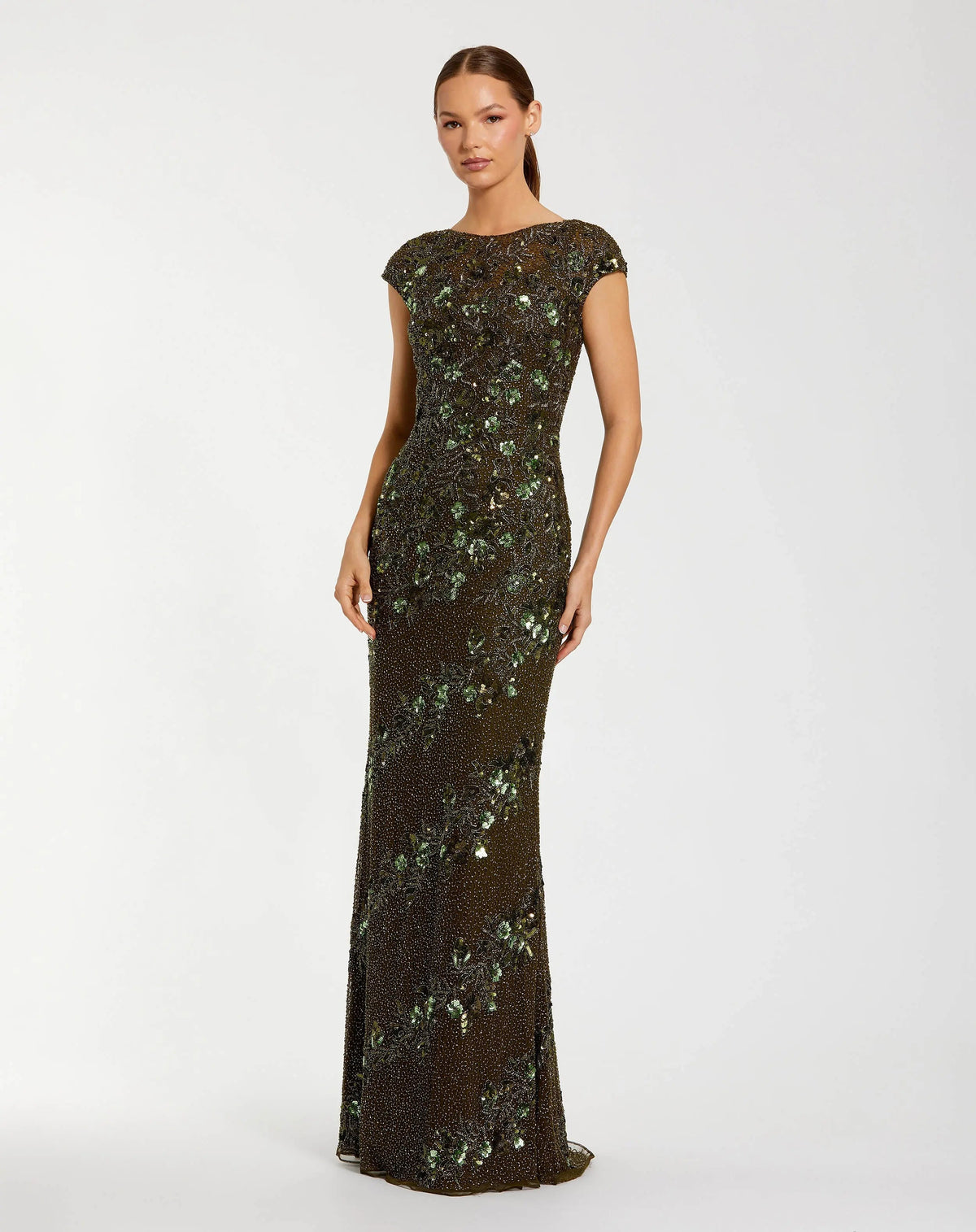 Floral Embellished Cap Sleeve Column Gown