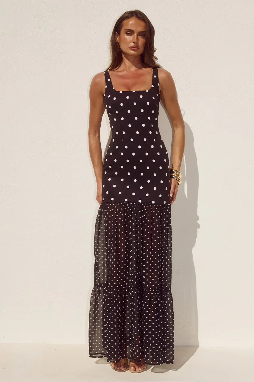 TILLIE SHEER BOTTOM MAXI DRESS - BLACK/WHITE POLKA