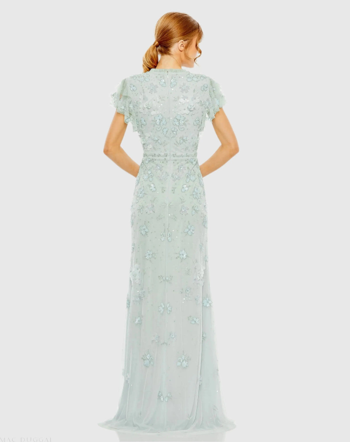 Blue Floral Embellished High Neck Flutter Sleeve Gown