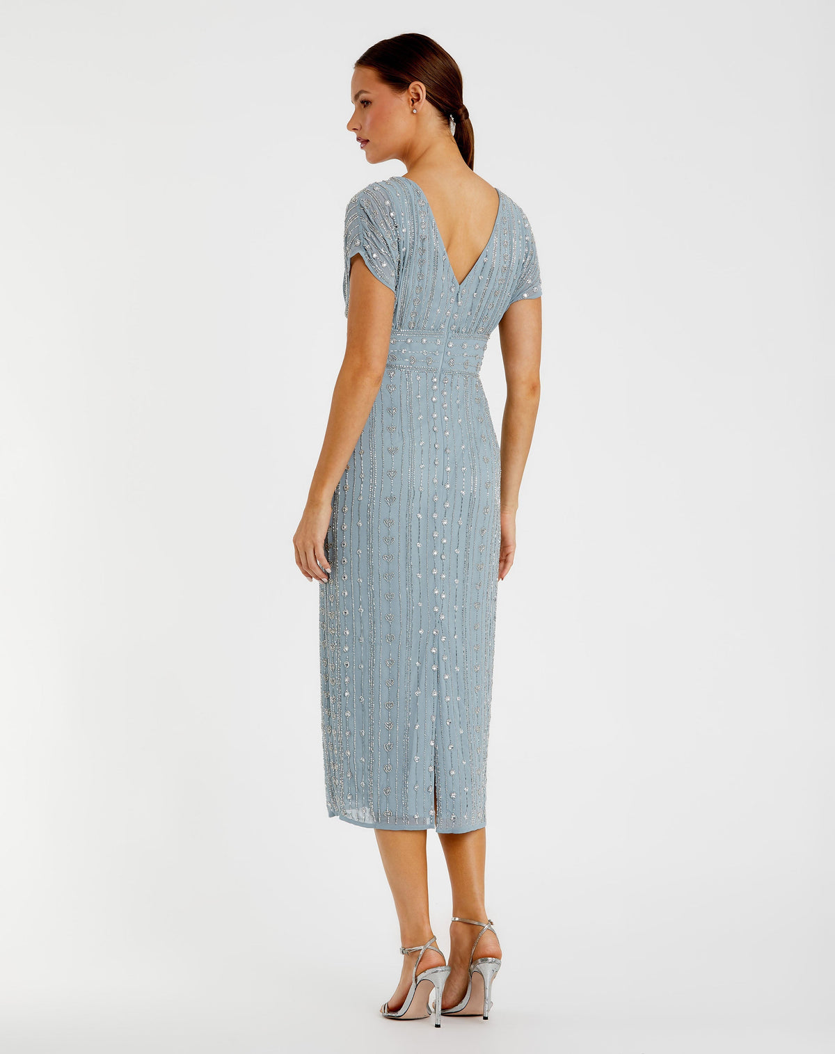 Blue Beaded Cap Sleeve Empire Waist Sheath Midi Dress