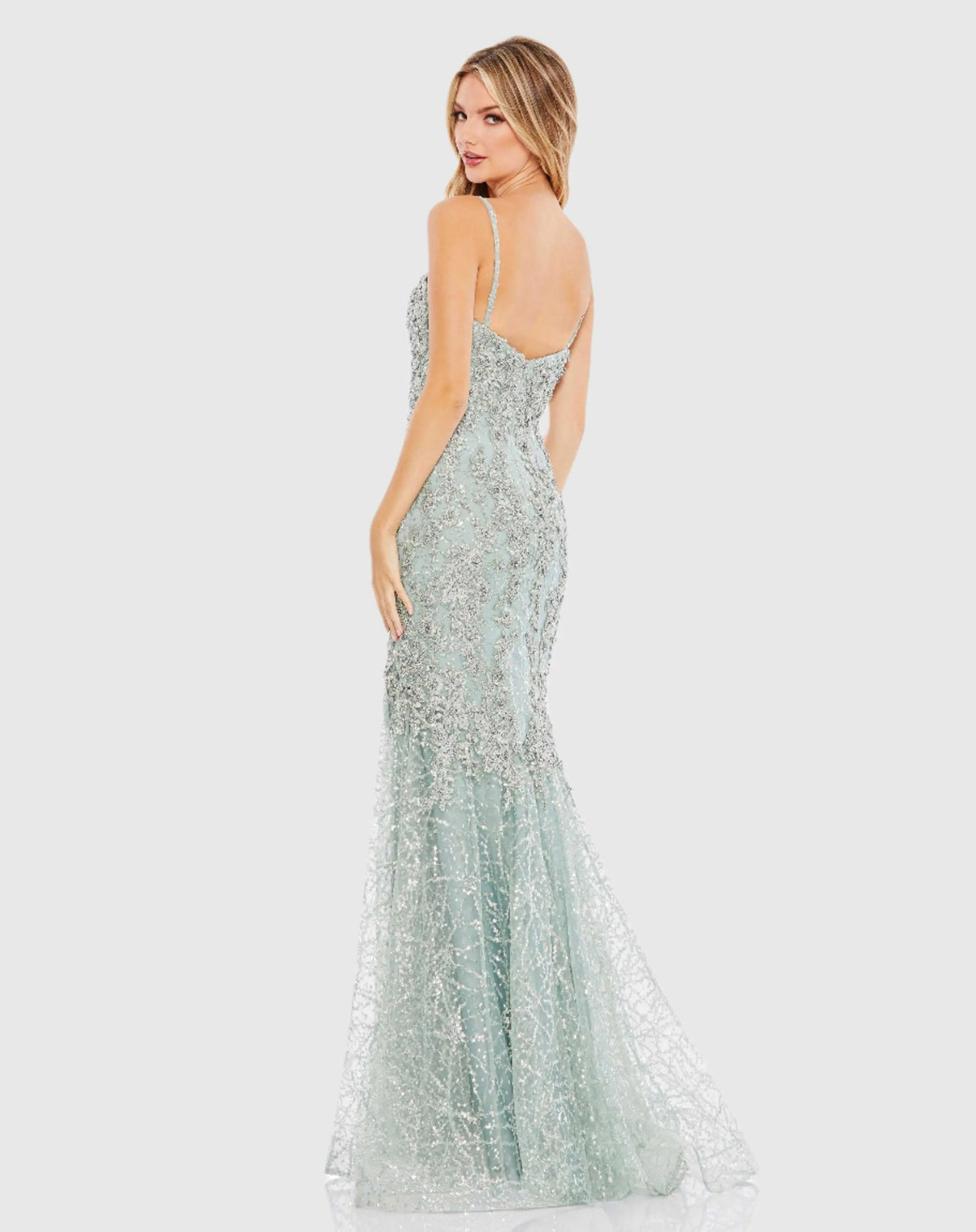Green Embellished Sleeveless Plunge Neck Trumpet Gown
