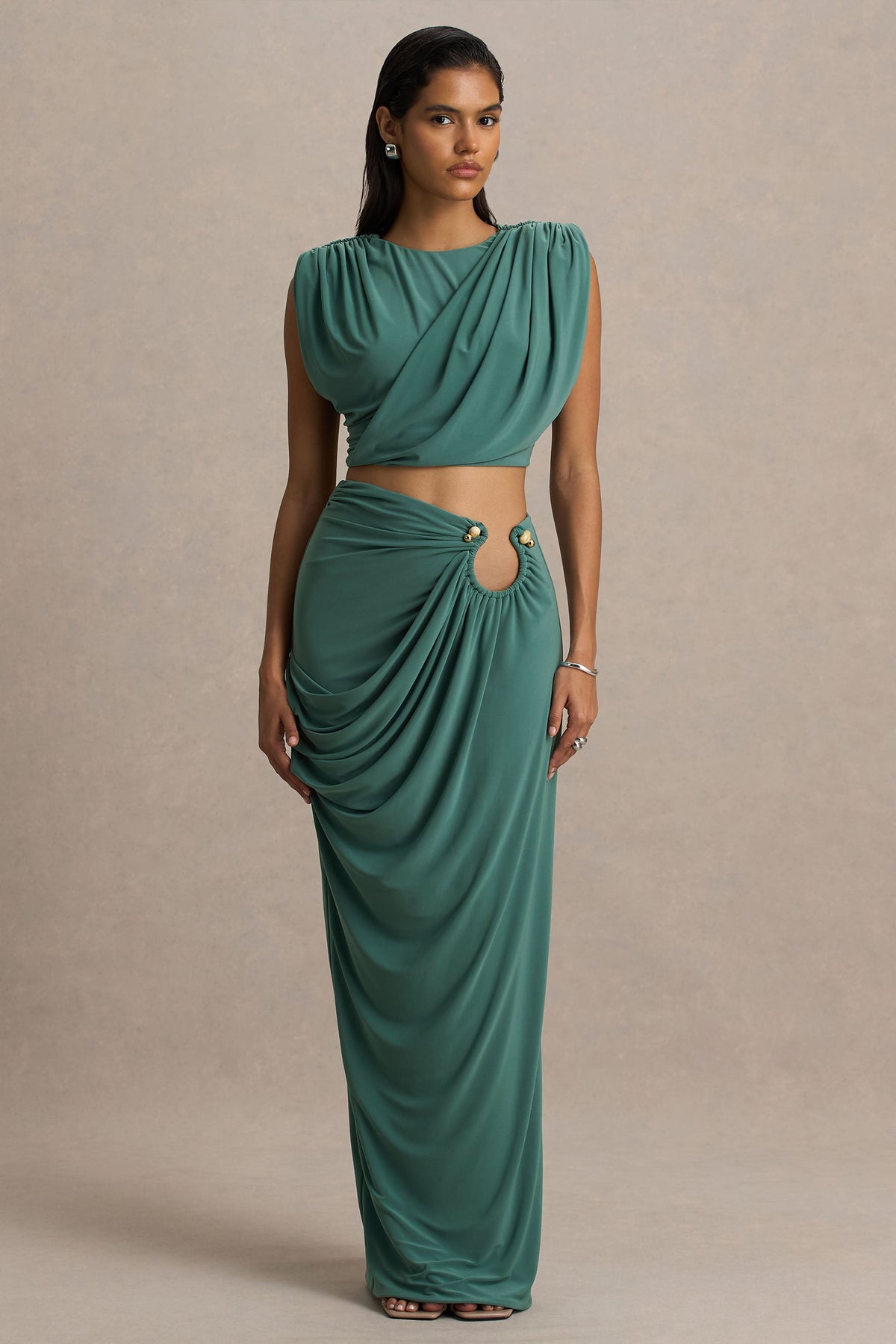 Avaline | Green Wrap Maxi Skirt With Ruched Detailing