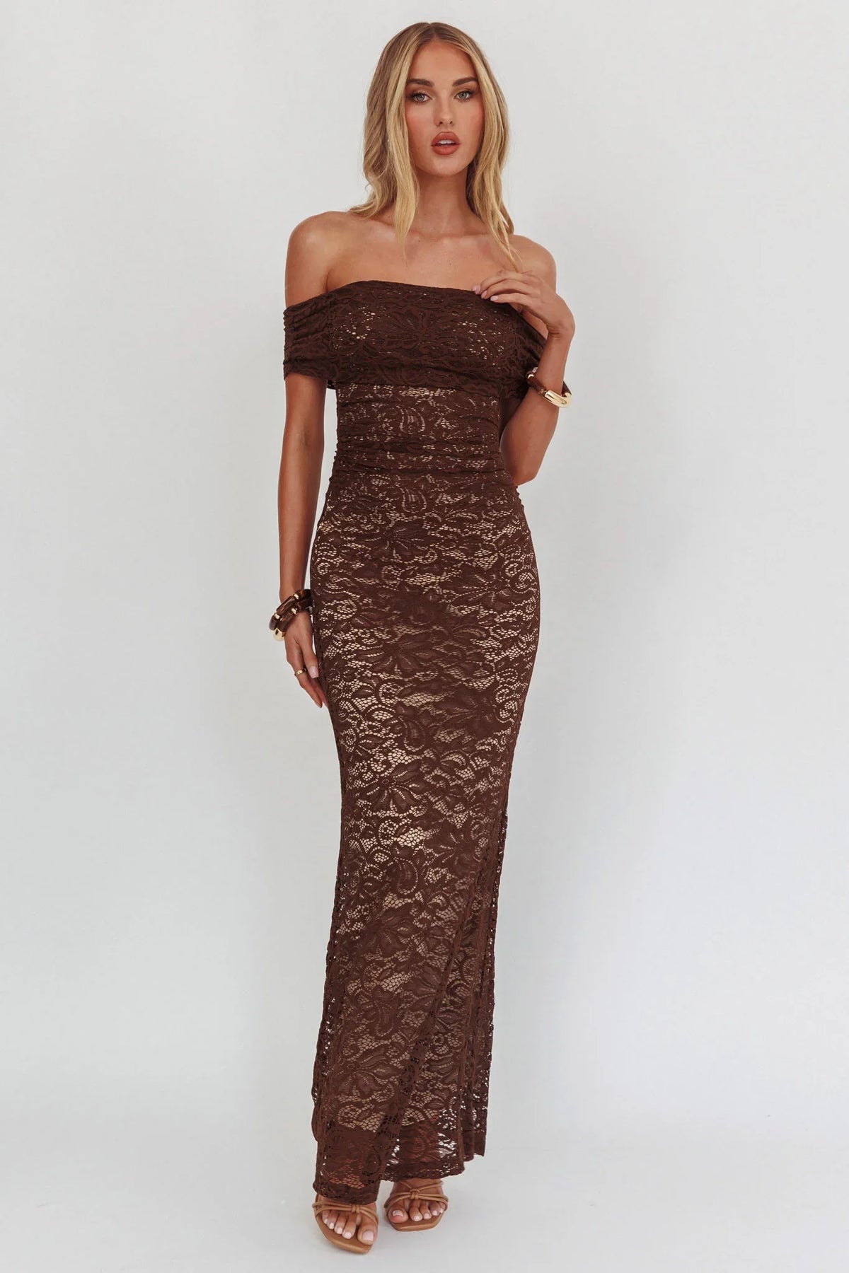 Flutters Off-Shoulder Lace Maxi Dress Chocolate
