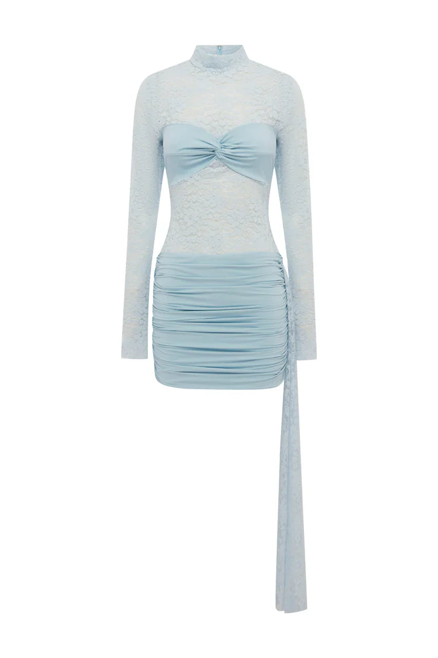 LARNA LACE SLEEVED MINI DRESS - ICE BLUE