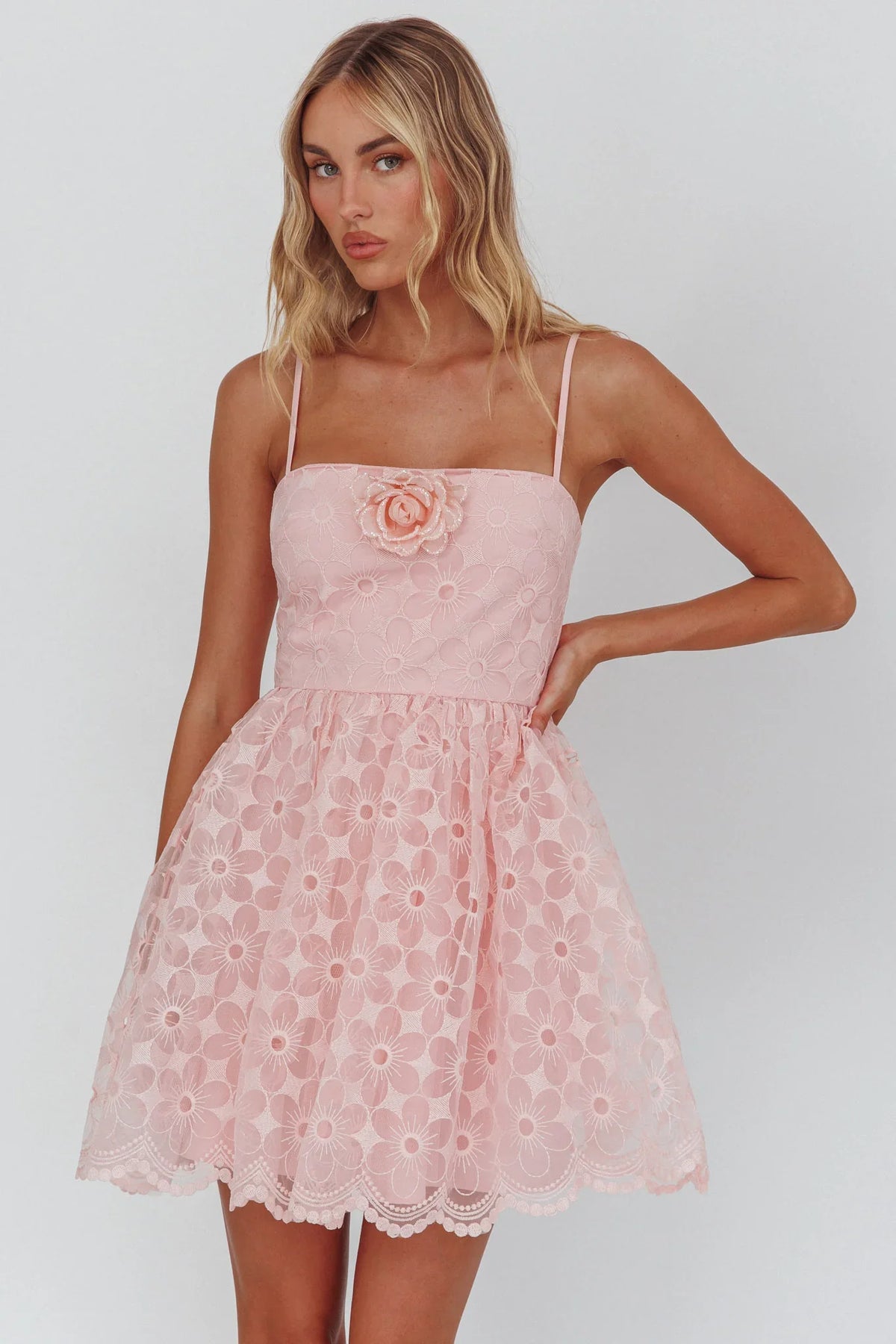 Bahia A-Line Square Neckline Mini Dress Lace Blush