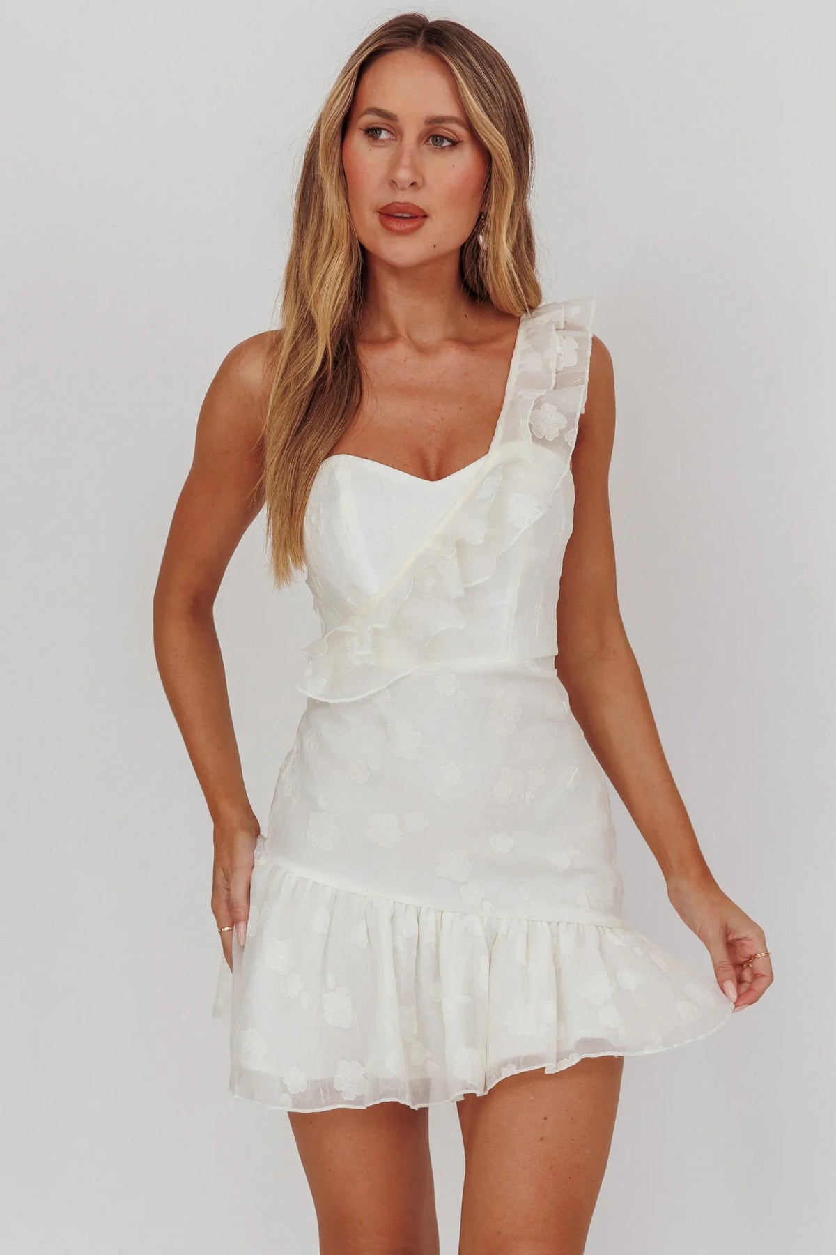 Minka One-Shoulder Ruffle Mini Dress Off White
