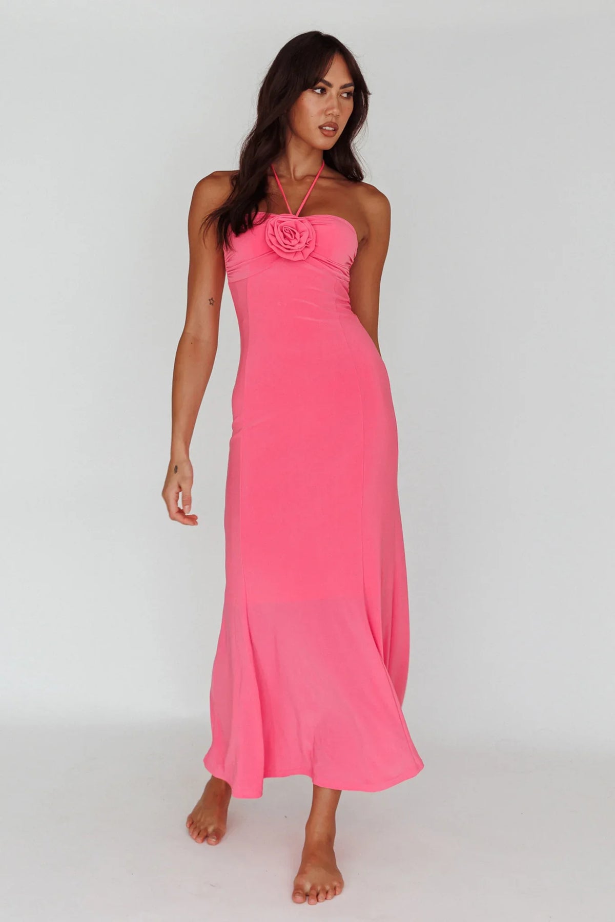 Ibiza Sunset Bust Flower Midi Dress Hot Pink