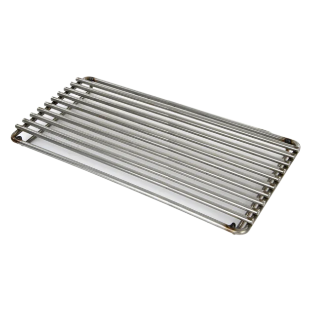A stainless steel searing grate with parallel bars, intended for use on a medium wide grill.