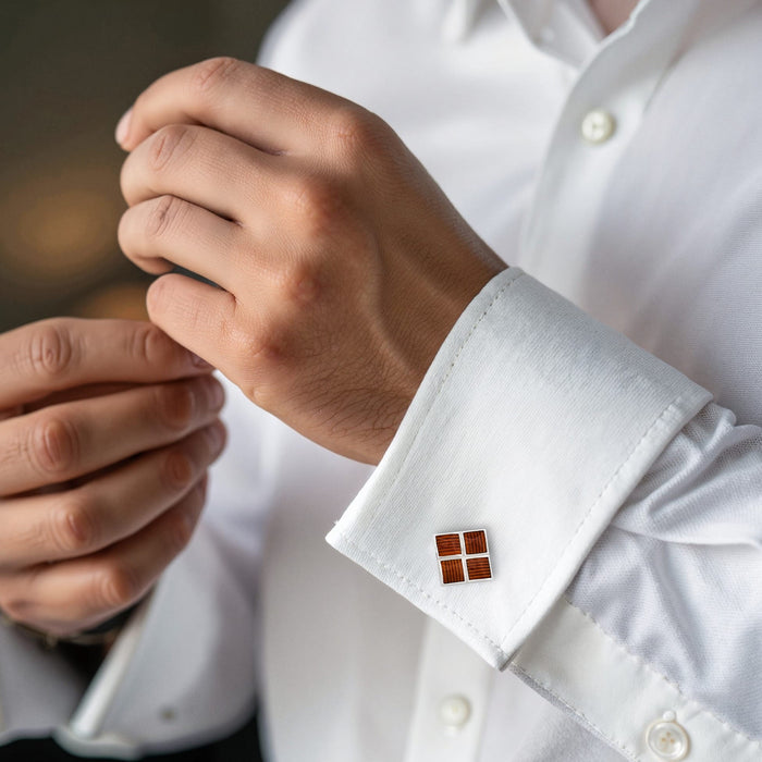 Polished Rhodium Plated Square Cufflinks with 4 Coffee Enamel Inlays