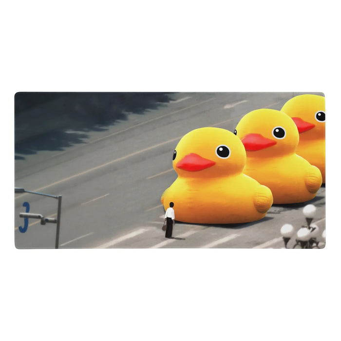 A satirical digital illustration depicts a solitary figure in white shirt and dark trousers facing down three colossal dandelion yellow rubber ducks (with tangerine beaks and black eyes) on a wide urban avenue. Contact us with accessibility feedback, we'd love to help!