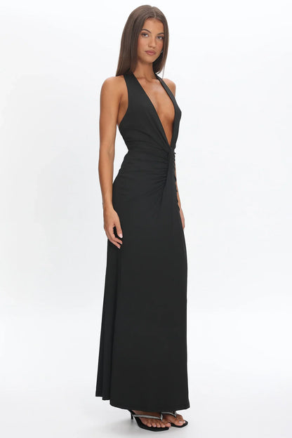 Make Believe Plunging Halterneck Maxi Dress Black