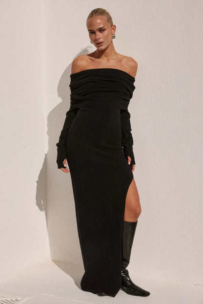 BARLY OFF SHOULDER KNIT MAXI DRESS - BLACK