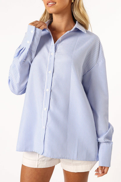 Murphy Button Up Long Sleeve Top - Blue Stripe