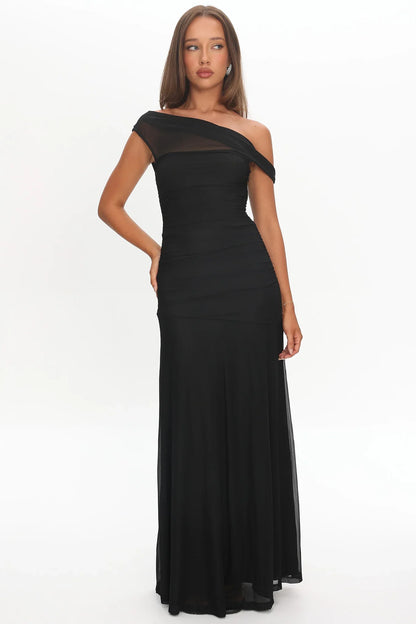 Lylah Asymmetric Neckline Mesh Maxi Dress Black
