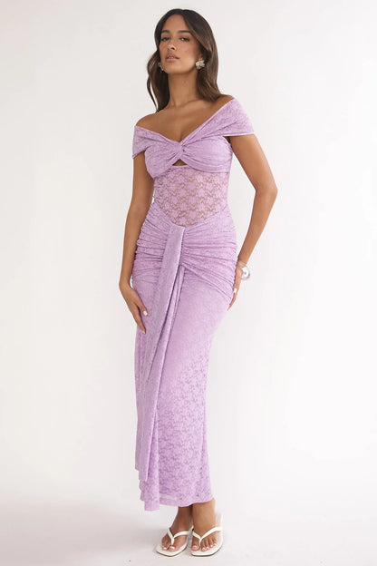 Kamilah Ruched Lace Maxi Dress Lilac