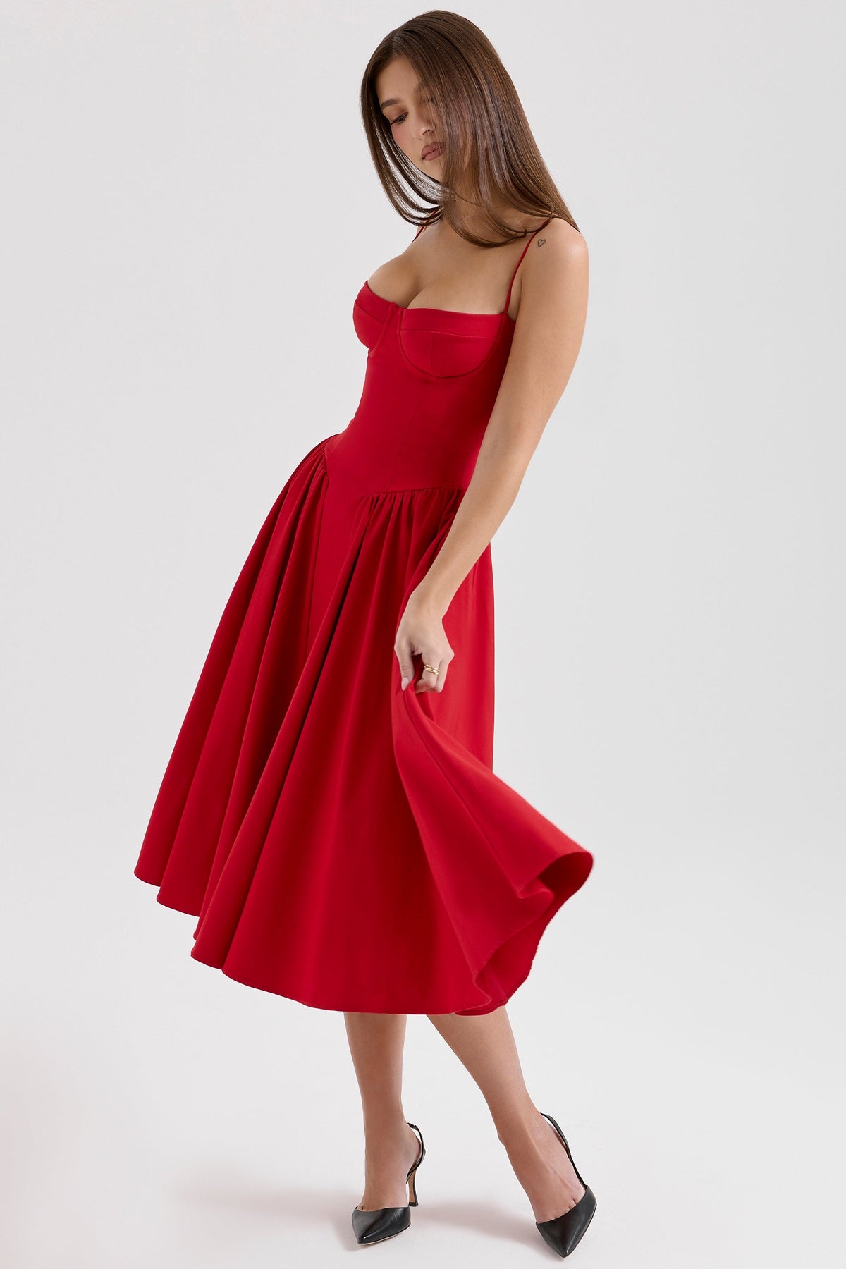 red gathered midi dress