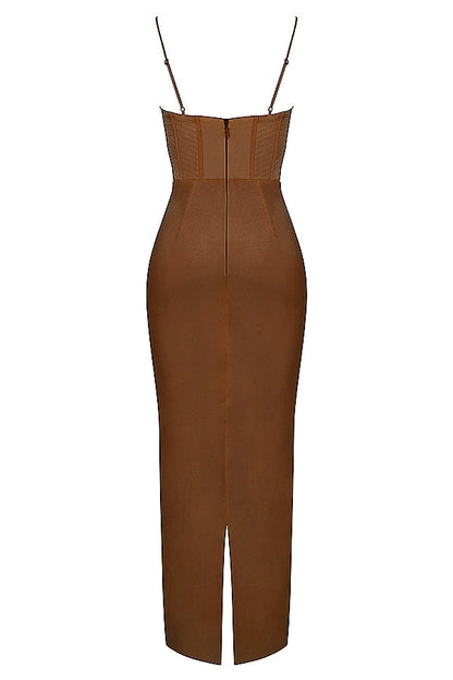 chocolate corset maxi dress
