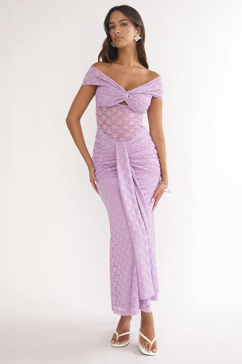 Kamilah Ruched Lace Maxi Dress Lilac