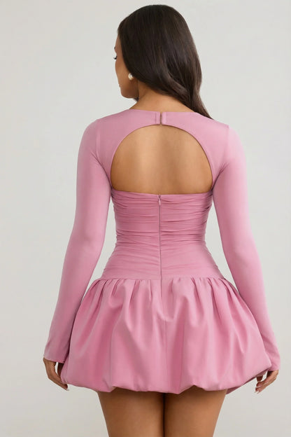 Long-Sleeve Bubble Hem Mini Dress in Mauve