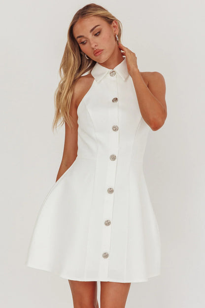 Opulent Collared Neckline Mini Dress White