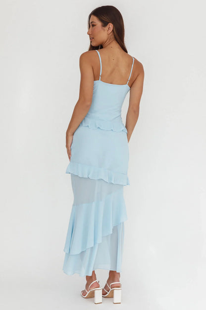 Marlie Frill Trim Rosette Maxi Dress Blue