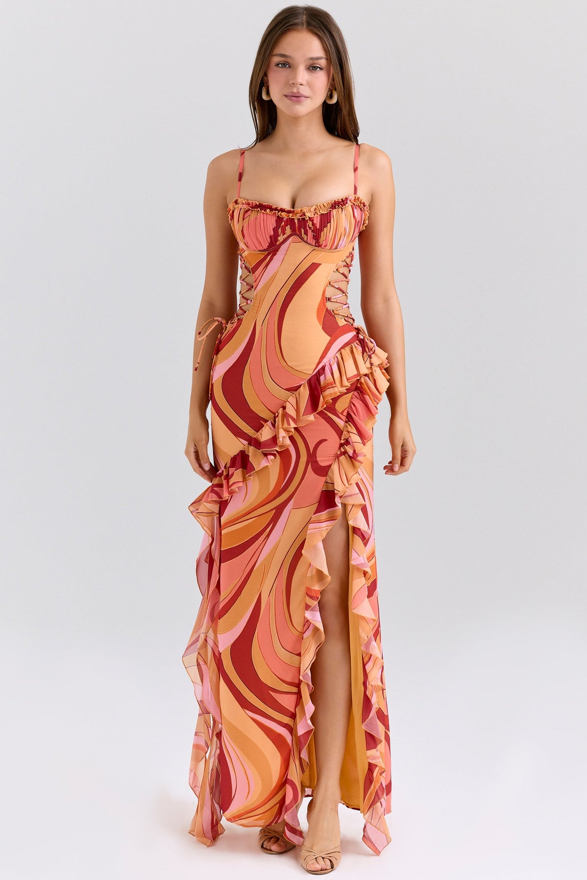sunset swirl print ruffle cut out maxi dress
