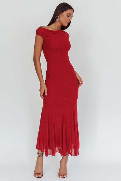 Diana Asymmetric Shoulder Godet Maxi Dress Wine