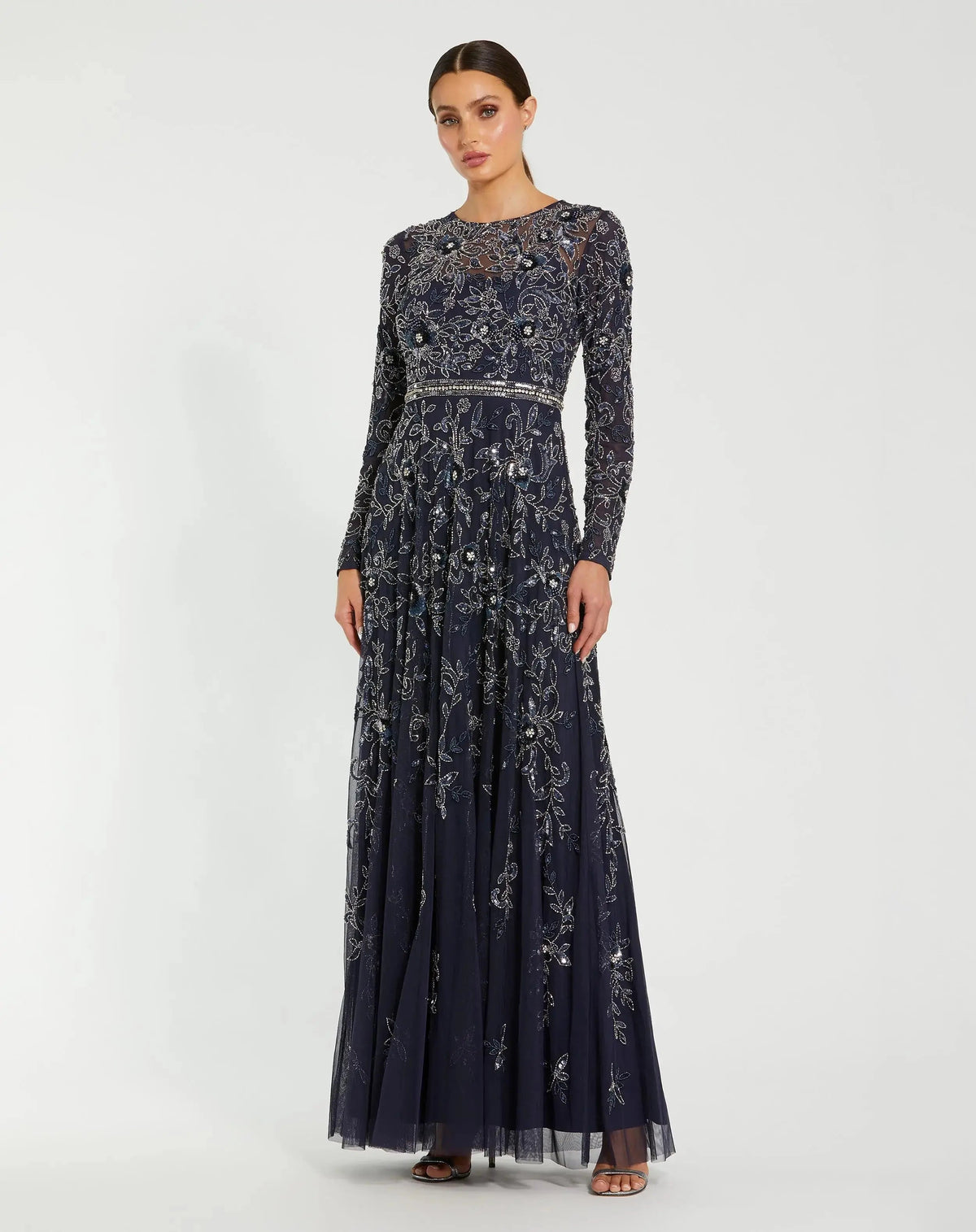 Navy Long Sleeve Floral Embellished A-line Gown
