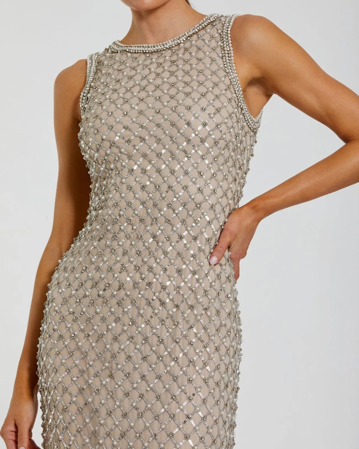 Beige Embellished High Neck Column Gown