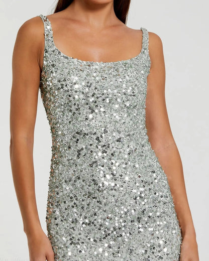 Green Sequined Low Back Slip Gown