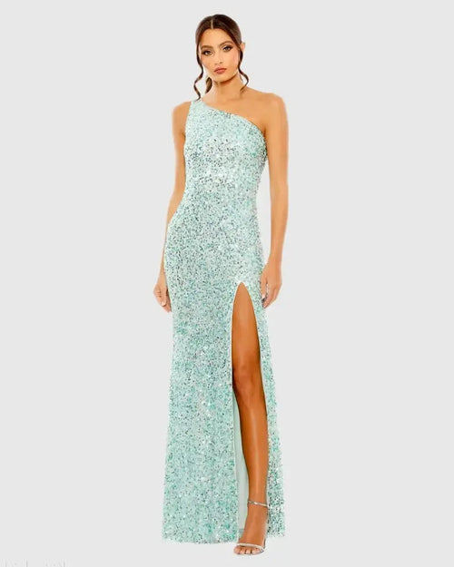 Blue Sequined One Shoulder Gown With Slit