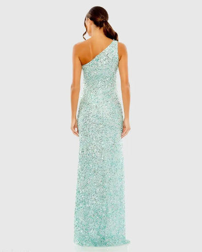 Blue Sequined One Shoulder Gown With Slit