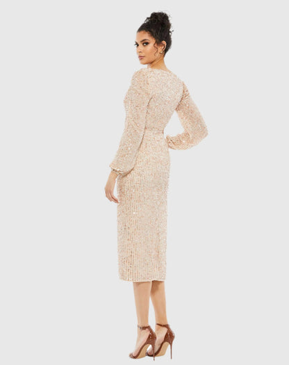 Beige Sequined Illusion Puff Sleeve V Neck Midi Dress