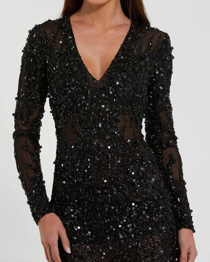 Black Long Sleeve Sheer Embellished Mini Dress