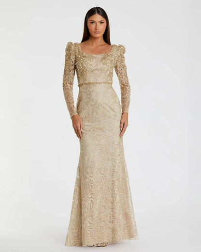 Embroidered Lace Applique Shoulder Detail Trumpet Gown