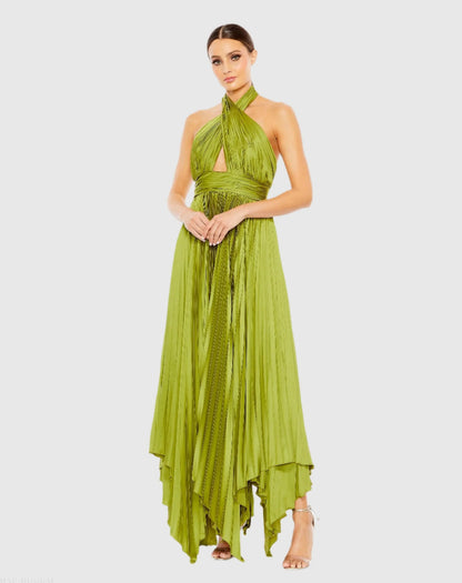 Green Pleated Halter Neck Asymmetrical Hem Gown