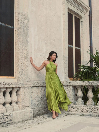 Green Pleated Halter Neck Asymmetrical Hem Gown