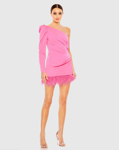 Feather Trim One Shoulder Draped Mini Dress - FINAL SALE