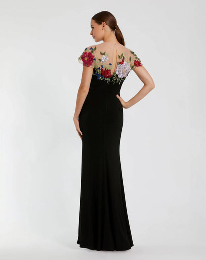 Black Floral Embellished Jersey Column Gown