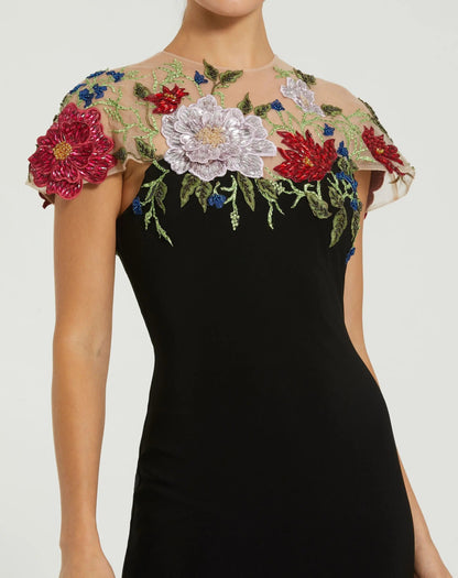 Black Floral Embellished Jersey Column Gown