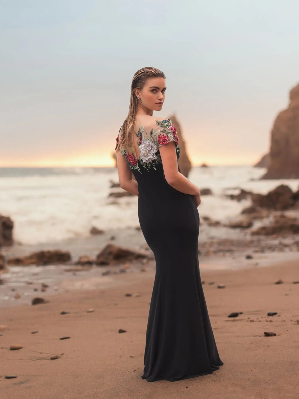 Black Floral Embellished Jersey Column Gown