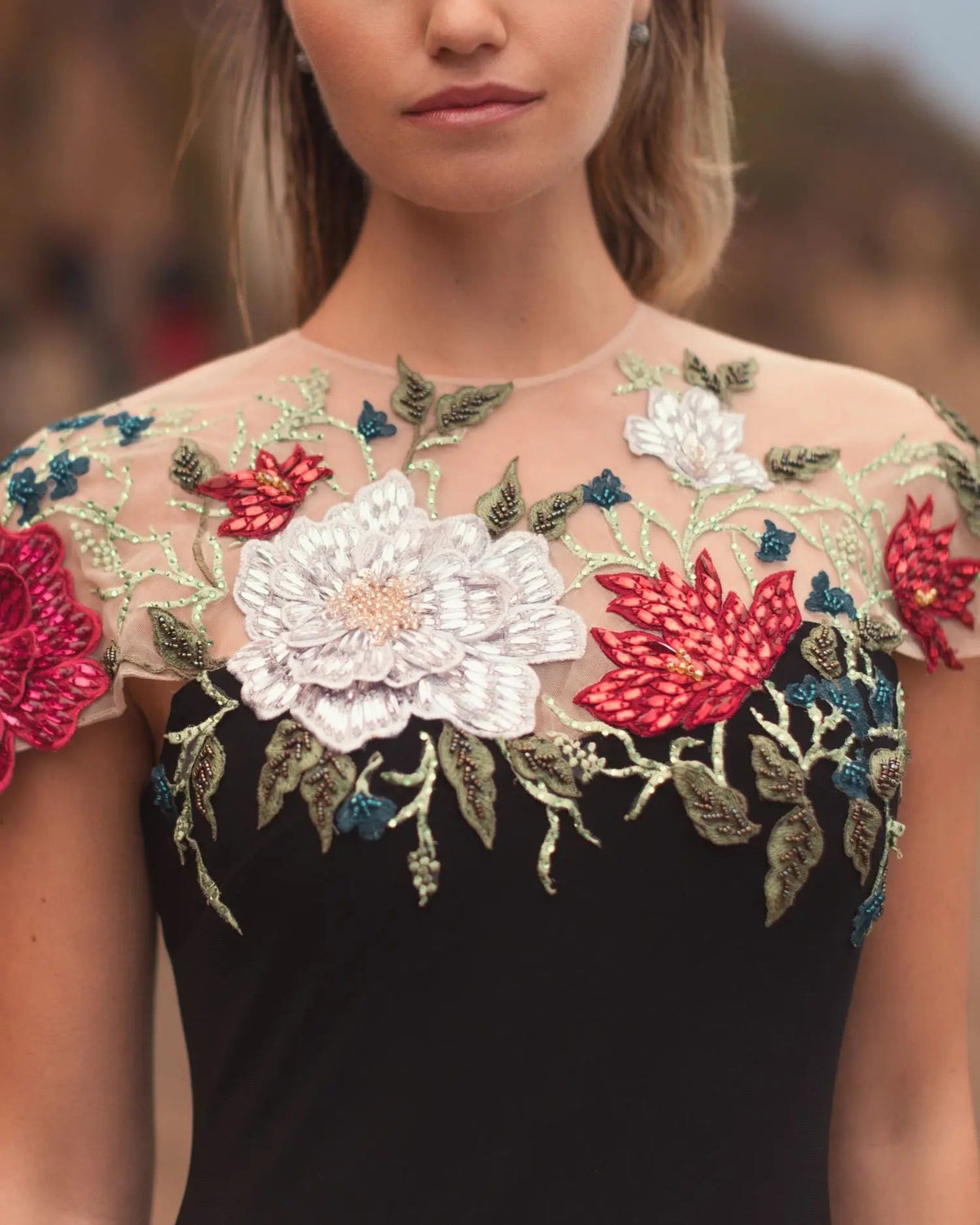 Black Floral Embellished Jersey Column Gown