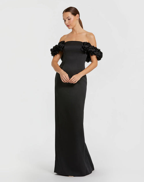 Black Satin 3D Flower Off The Shoulder Mermaid Gown